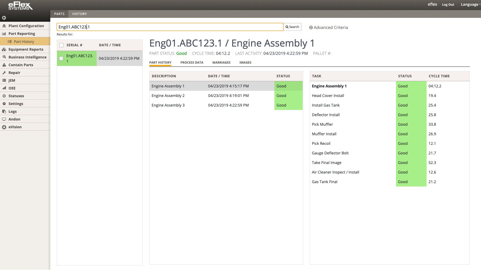 eFlex example of quality inspection data.