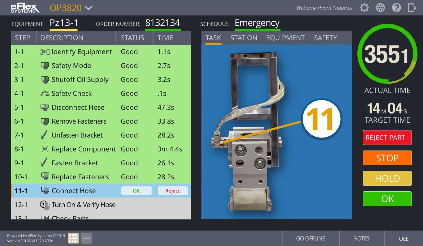 eFlex interface example of enforced maintenance digital work instruction.
