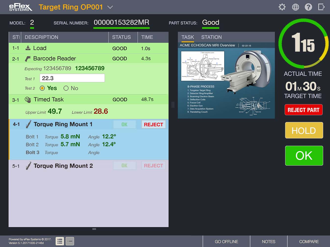 An example of part data being captured and stored through eFlex digital work instructions.